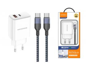 Сетевое зарядное устройство USB + USB-C + кабель Type-C SENDEM OG34 (бело-черный) Сетевое зарядное устройство USB + USB-C + кабель Type-C SENDEM OG34 (бело-черный)
