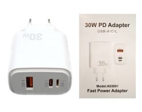 Сетевое зарядное устройство USB-C + USB-L (Lightning) + USB 30W iPhone 12/13/14/15 прямоугольник (or.) (белый) Сетевое зарядное устройство USB-C + USB-L (Lightning) + USB 30W iPhone 12/13/14/15 прямоугольник (or.) (белый)