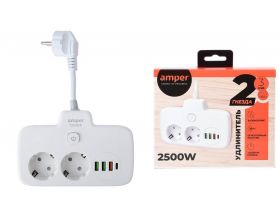 Сетевой тройник Amper 0,2м, 2 розетки, 3*0,75мм, 10А, 2500 Вт, 3usb, 1Type-C, 1кн, белый. T2535W Сетевой тройник Amper 0,2м, 2 розетки, 3*0,75мм, 10А, 2500 Вт, 3usb, 1Type-C, 1кн, белый. T2535W