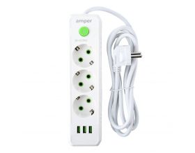 Сетевой фильтр Amper 4,0м, 3 розетки, 10А, 2500 Вт, 3usb, белый. JH-1031U-4W Сетевой фильтр Amper 4,0м, 3 розетки, 10А, 2500 Вт, 3usb, белый. JH-1031U-4W