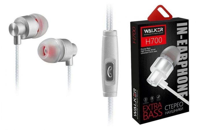 Наушники вакуумные проводные WALKER H700, микрофон, кнопка ответа, белые