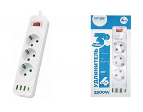 Сетевой фильтр Amper удлинитель, 2,0м, 3 розетки, 10А, 2500 Вт, 3usb,1Type-C, белый. Сетевой фильтр Amper удлинитель, 2,0м, 3 розетки, 10А, 2500 Вт, 3usb,1Type-C, белый.