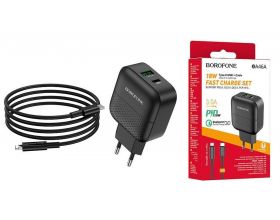 Сетевое зарядное устройство USB + USB-C + кабель Lightning - Type-C BOROFONE BA46A Speed charger PD+QC3.0 (черный) Сетевое зарядное устройство USB + USB-C + кабель Lightning - Type-C BOROFONE BA46A Speed charger PD+QC3.0 (черный)