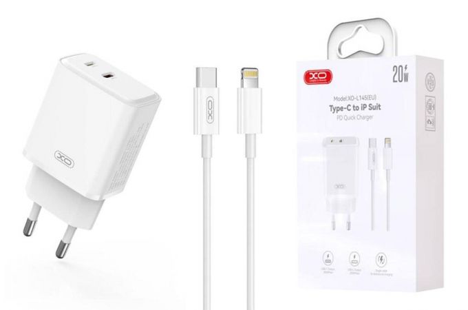 Сетевое зарядное устройство USB-C + USB-L (Lightning) +  кабель Lightning - Type-C XO L145 20W Bi-directional Reverse Charger Fast Charger White
