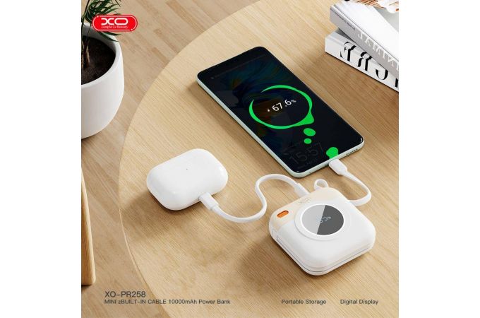 Универсальный дополнительный аккумулятор Power Bank XO PR258 self type-c cable, apple cable digital fast charger 22.5W/20W 10000mAh Beige Универсальный дополнительный аккумулятор Power Bank XO PR258 self type-c cable, apple cable digital fast charger 22.5W/20W 10000mAh Beige