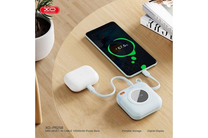 Универсальный дополнительный аккумулятор Power Bank XO PR258 self type-c cable, apple cable digital fast charger 22.5W/20W 10000mAh blue