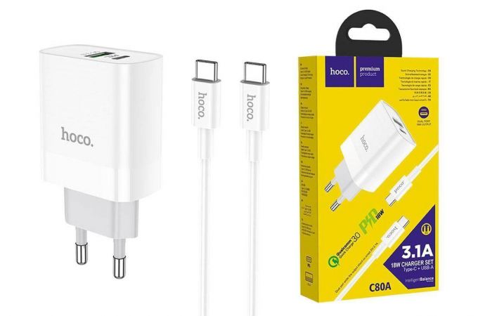 Сетевое зарядное устройство USB-C+ кабель Type-C  - Type-C HOCO C80A Rapido PD20W + QC 3.0 (белый) Сетевое зарядное устройство USB-C+ кабель Type-C  - Type-C HOCO C80A Rapido PD20W + QC 3.0 (белый)