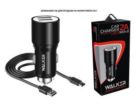 Автомобильное зарядное устройство АЗУ 2USB + кабель Type-C WALKER WCR-21, 2.4А, 12Вт, черное Автомобильное зарядное устройство АЗУ 2USB + кабель Type-C WALKER WCR-21, 2.4А, 12Вт, черное